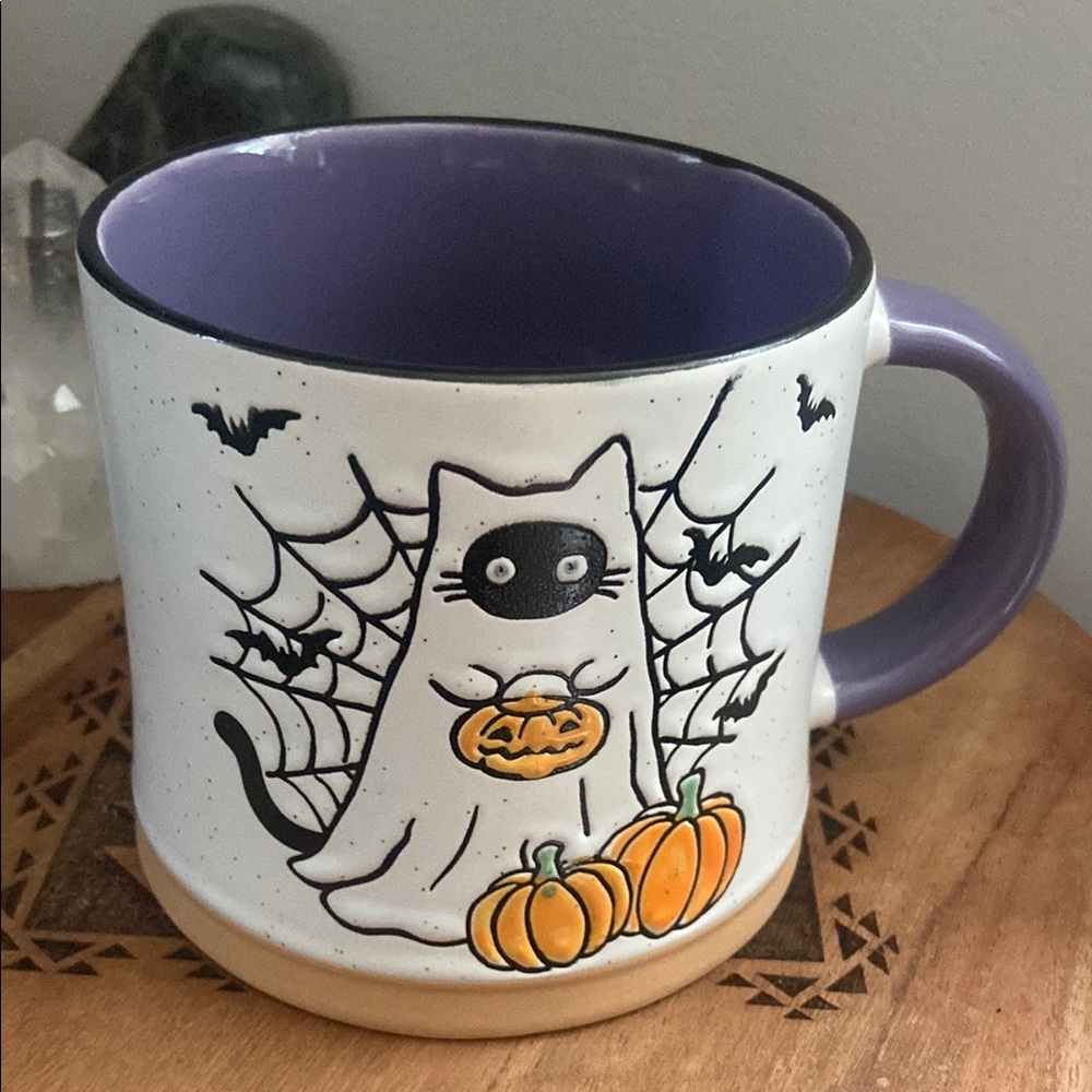 Eli + Ana handmade ceramics Halloween Cat Mug with Pumpkins, bats, spiderwebs